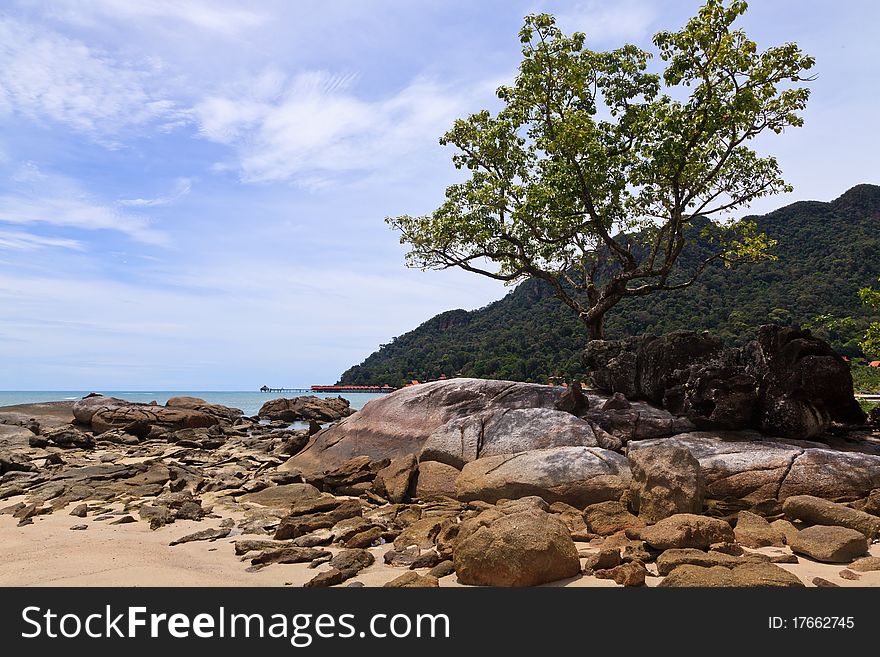 Tropical rocky beach with rain forest in Malaysia