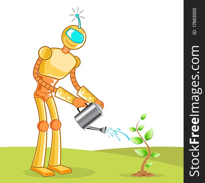 Illustration of robot gardening tree