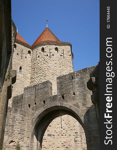 Tower and gateway of Carcassonne Castle in France in sunlight