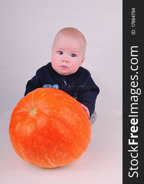 With orange pumpkin on a gray background. With orange pumpkin on a gray background