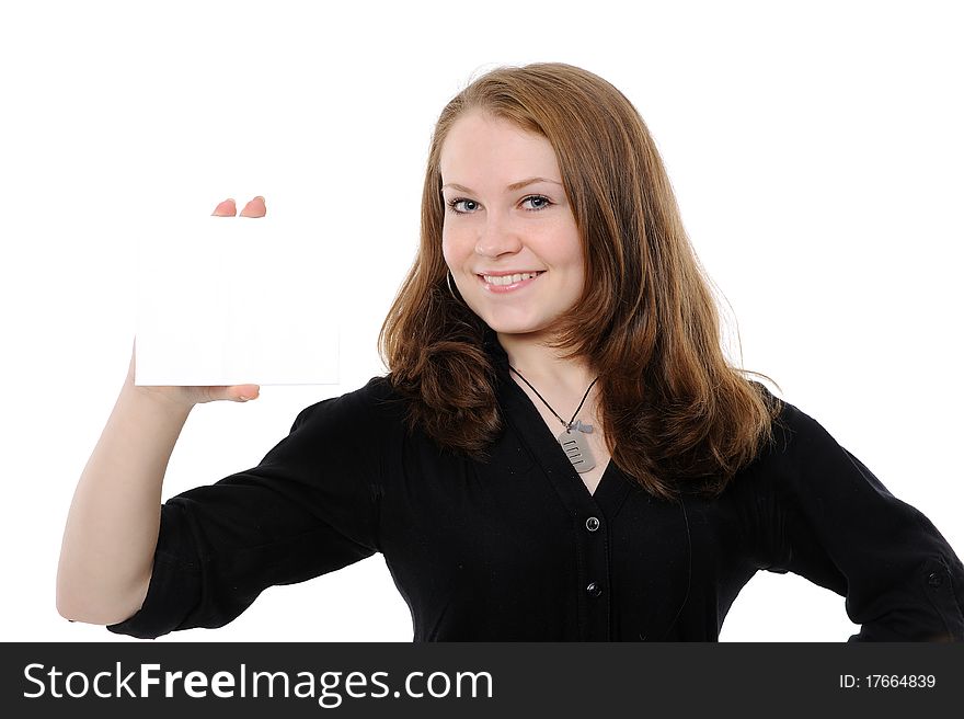 Young woman holding empty white board. On a white background