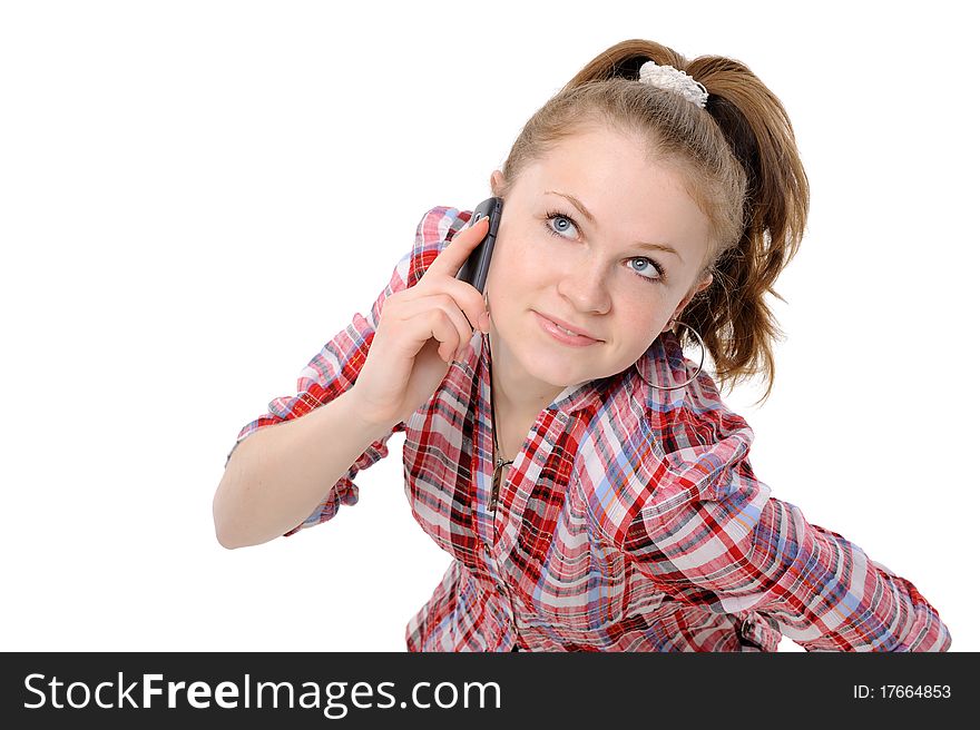Girl using a mobile phone  On a white background