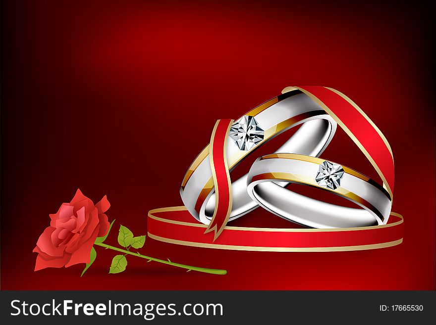 Illustration of engagement ring with rose flower with abstract background