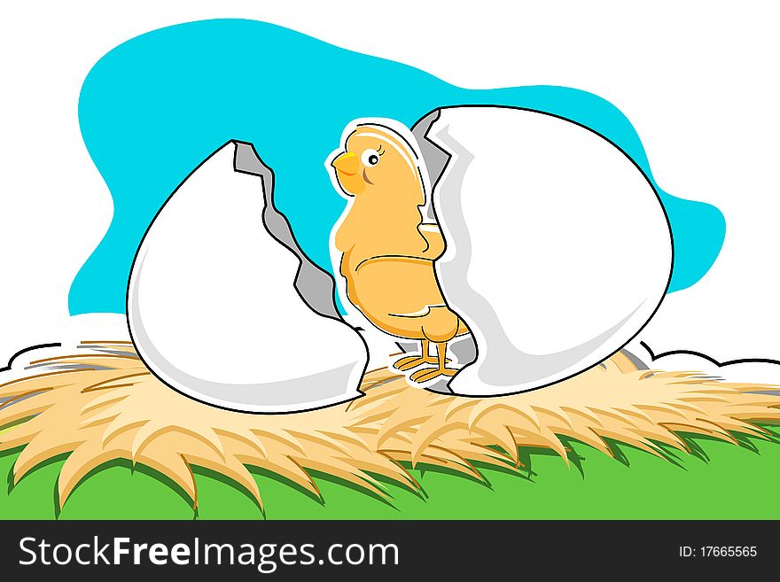 Illustration of chick with broken egg