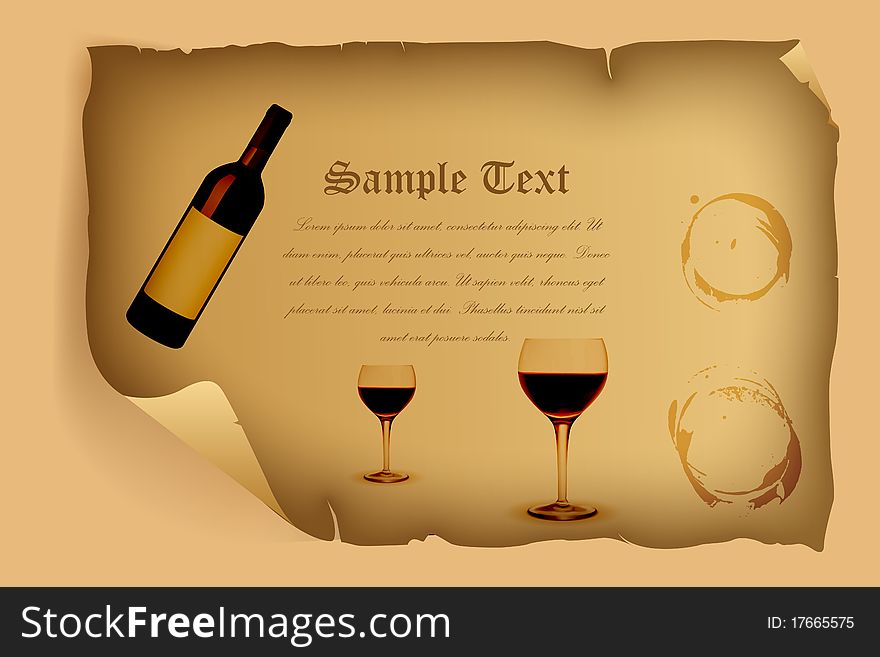 Illustration of celebration card with wine and wine glass