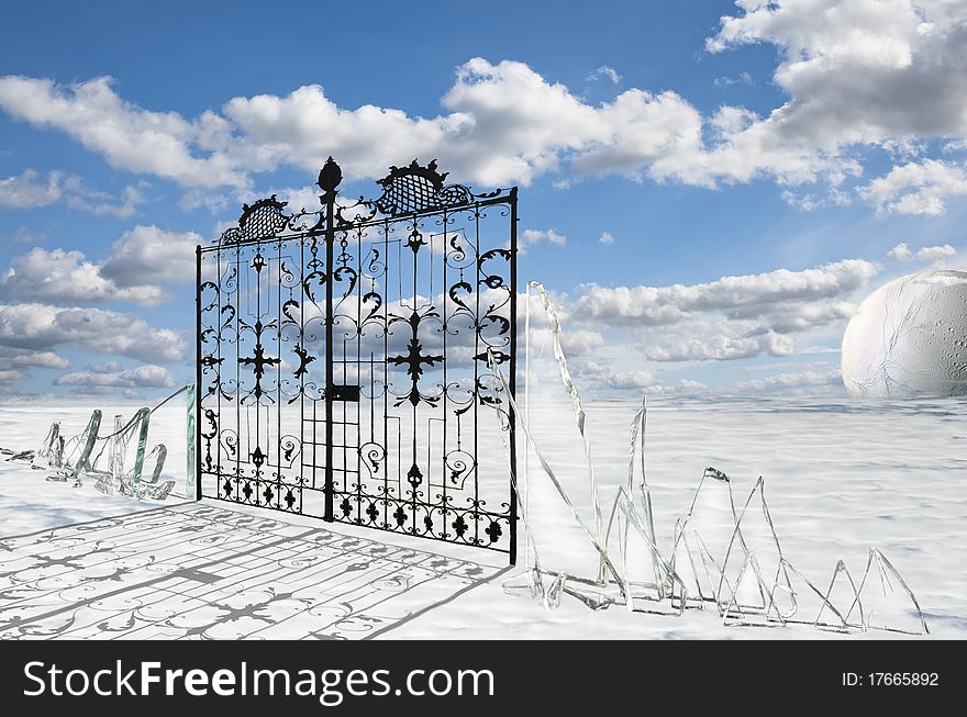 With gate-level clouds and the planet. Grid of glass shards. With gate-level clouds and the planet. Grid of glass shards.