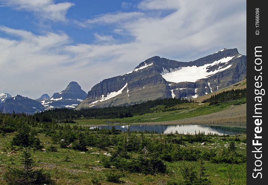 This image of the small lake and the mountains in the background was taken in Glacier National Park, MT. This image of the small lake and the mountains in the background was taken in Glacier National Park, MT.