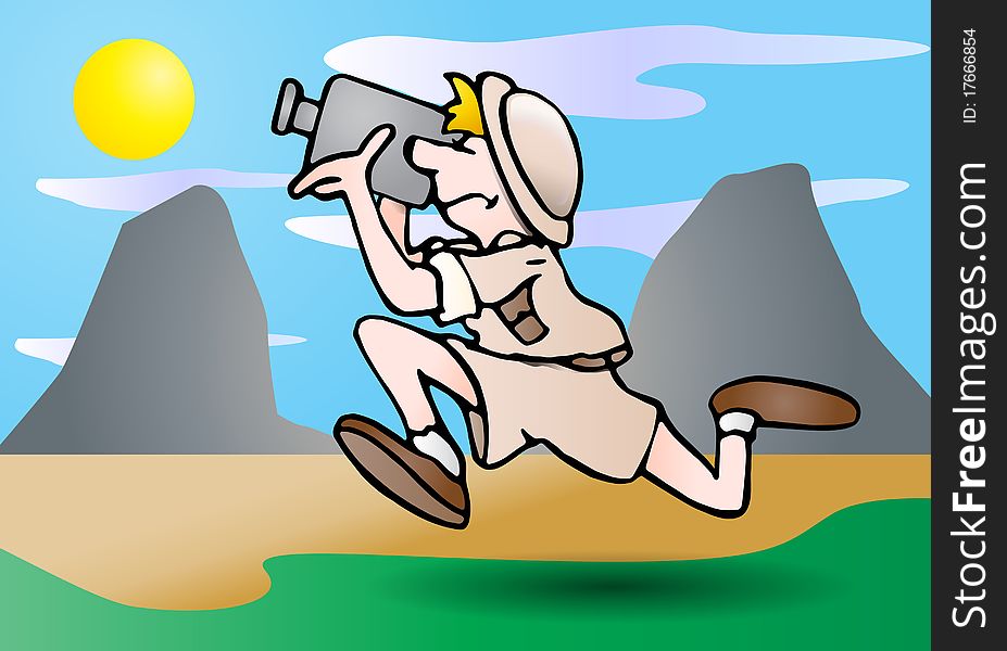 Illustration of a running safari cameraman on the scene