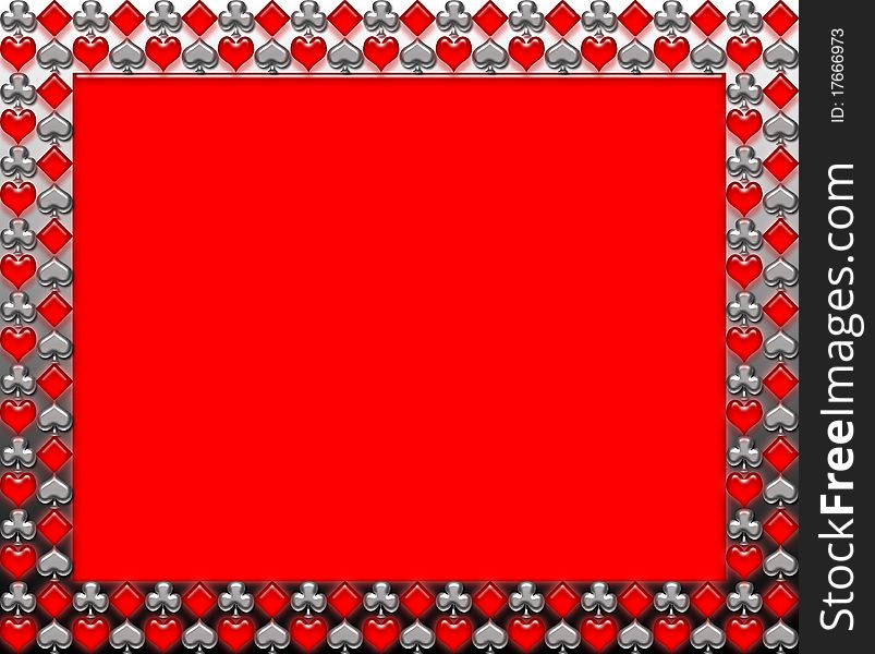 Hearts,diamonds,clubs and spade pattern framed on red background. Hearts,diamonds,clubs and spade pattern framed on red background