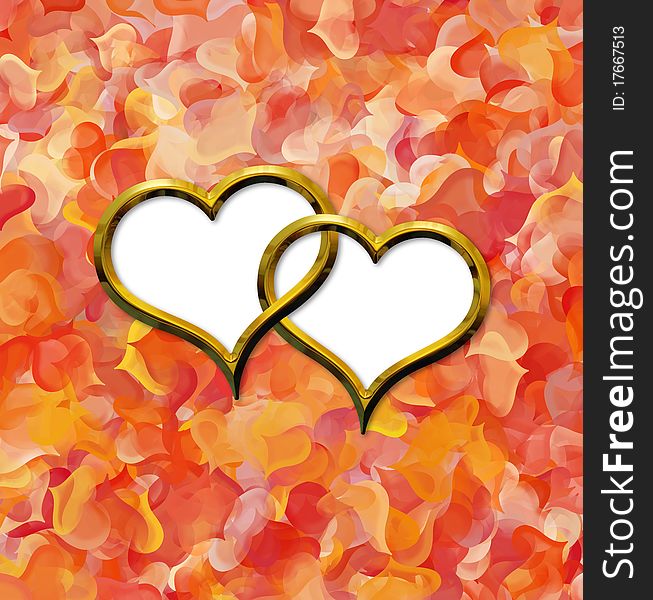 Two Valentine's golden hearts on abstract hearts background with a free white zones