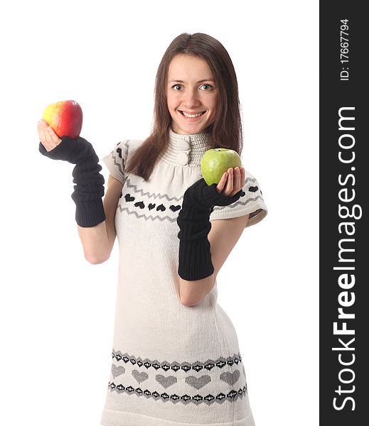 Fashionable young smiling woman holding red and green apples; isolated on white. Fashionable young smiling woman holding red and green apples; isolated on white