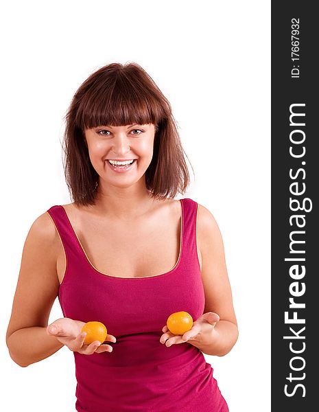 Young woman with gorgeous breast and small tangerine. Young woman with gorgeous breast and small tangerine