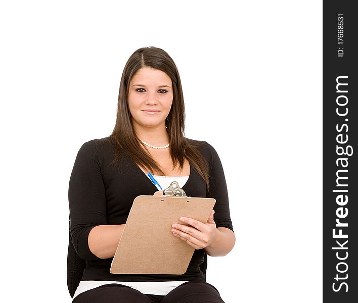 Pretty young woman with clipboard on white background. Taking inventory, checking checklist. Pretty young woman with clipboard on white background. Taking inventory, checking checklist.