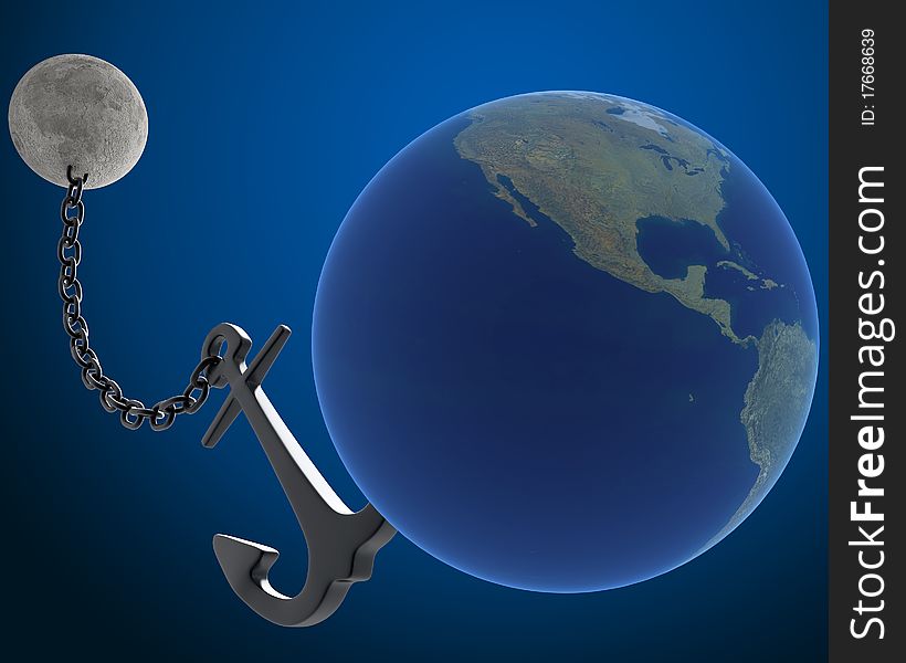 Moon holds the earth with an anchor and chain