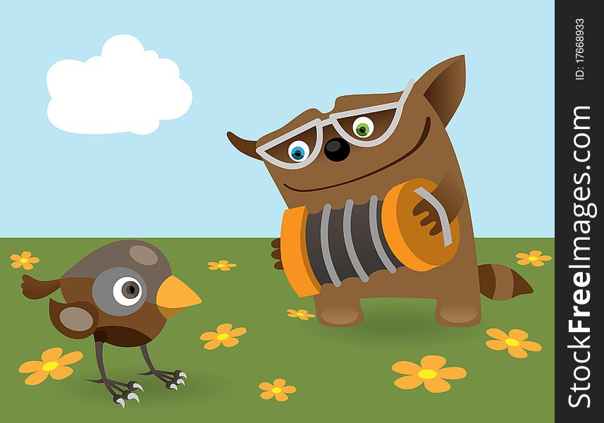 Funny illustration of Cat and sparrow