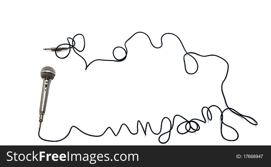 Silver microphone with black wire isolated frame on white. Silver microphone with black wire isolated frame on white