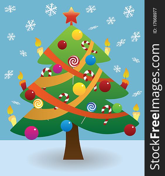 Illustration of Christmas tree and snowfall