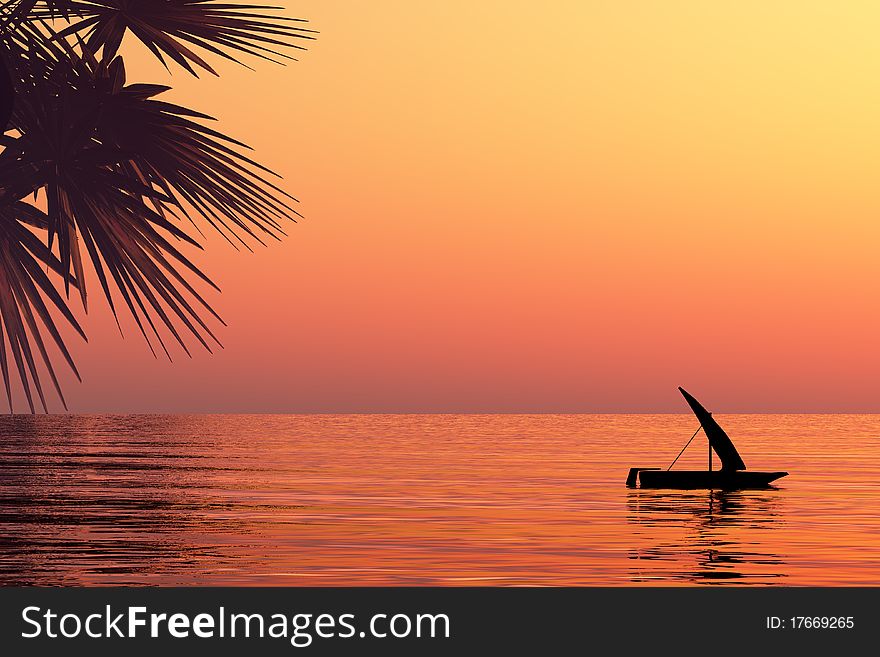 Small boat at sunset sea. Small boat at sunset sea