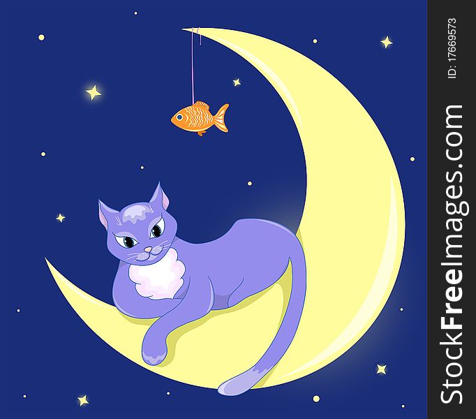 The cat lies on a half moon. Vector illustration.