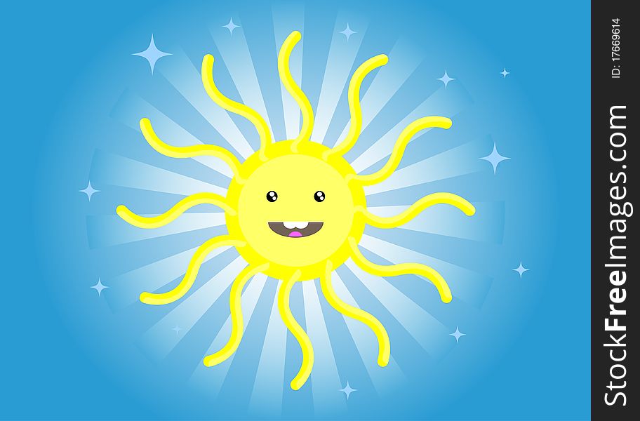 Funny cartoon sun smiling in blue sky. Funny cartoon sun smiling in blue sky