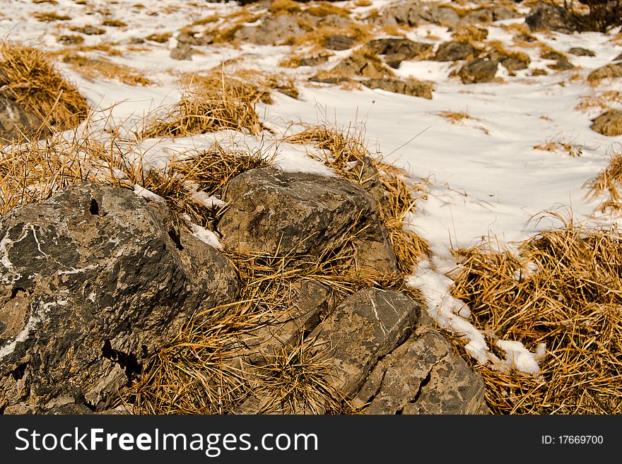Snow-covered rocks on mountain