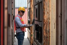 Industrail Background Of Electronic Engineer Of Containers Yard And Cargo Checking And Maintenance Cooling Control Unit Of Stock Image