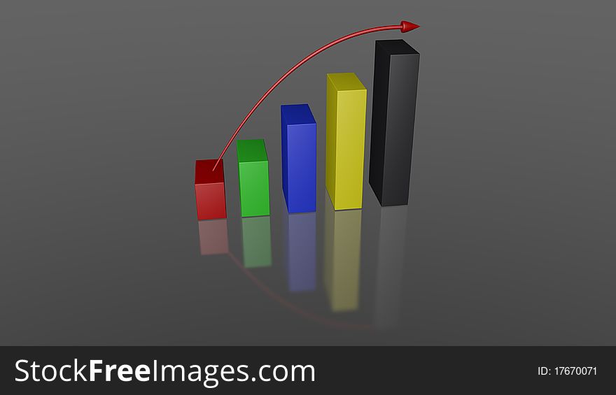 A Business Financial 3D Bar Graph in colours with arrow. A Business Financial 3D Bar Graph in colours with arrow