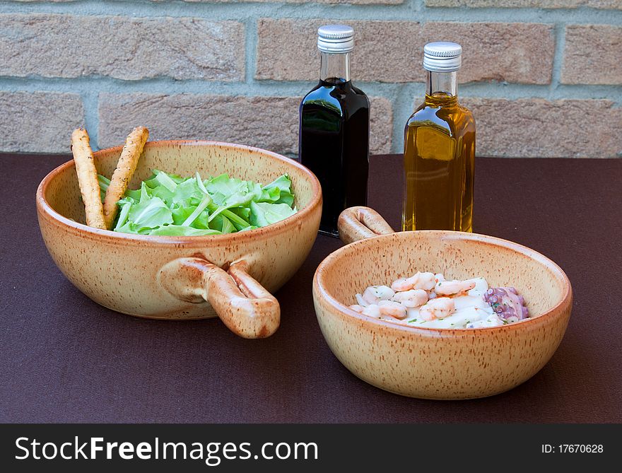 Shrimp, salad, oil and vinegar. Shrimp, salad, oil and vinegar