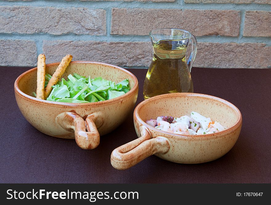 Shrimp, salad, oil and vinegar. Shrimp, salad, oil and vinegar