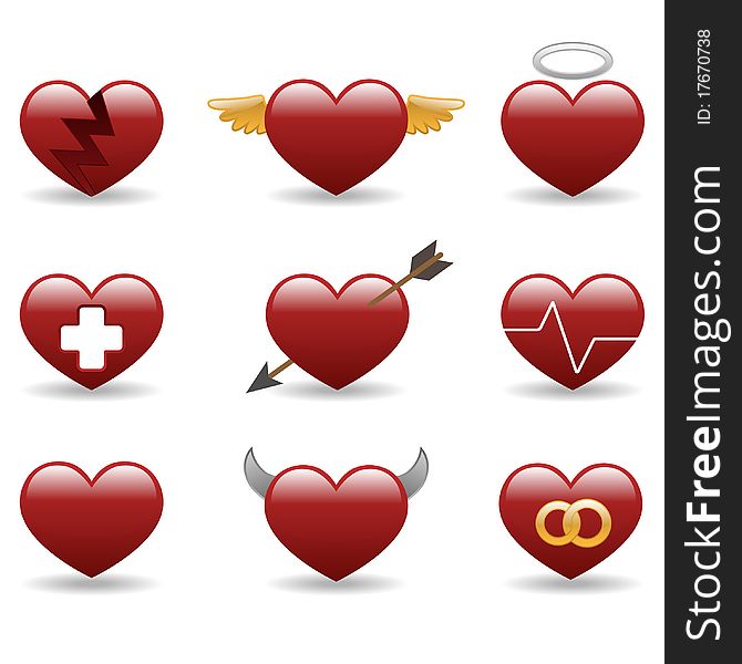 Heart glossy icons set for web design