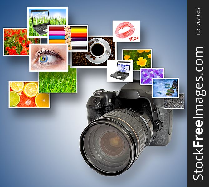 Digital camera and photographs against blue background