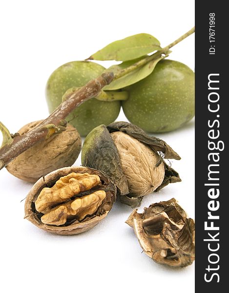 Walnuts with leaf isolated on a white background