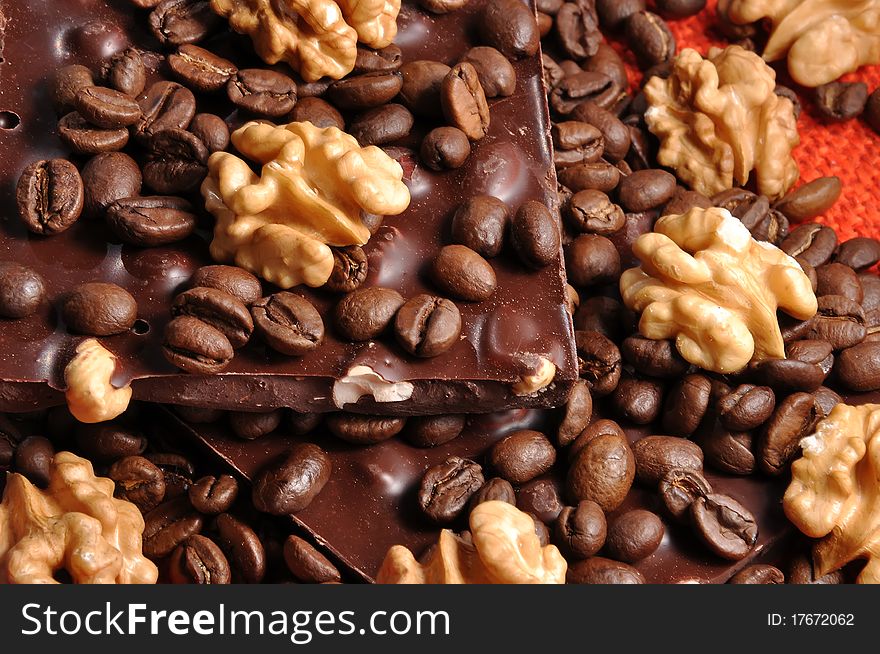 Black Chocolate With Coffee Beans And Nuts
