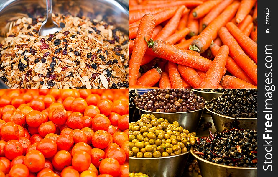 Selection of food stalls in the farmer's organic market. Selection of food stalls in the farmer's organic market