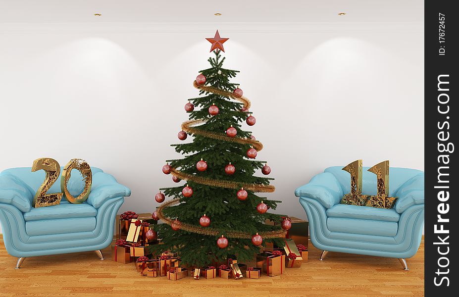 3d image Christmas tree in the interior with blue leathern chairs, and 2011 from gold. 3d image Christmas tree in the interior with blue leathern chairs, and 2011 from gold