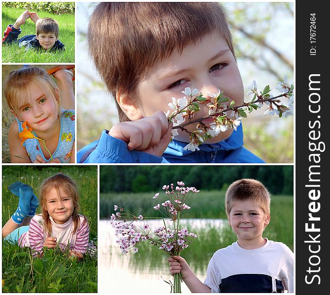 Summer collage. Children on the green grass