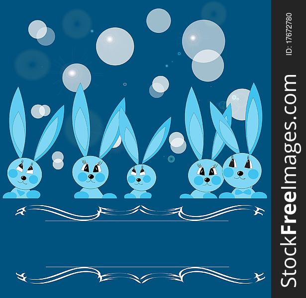 Cheerful rabbits on a dark blue background with soap bubbles. Cheerful rabbits on a dark blue background with soap bubbles