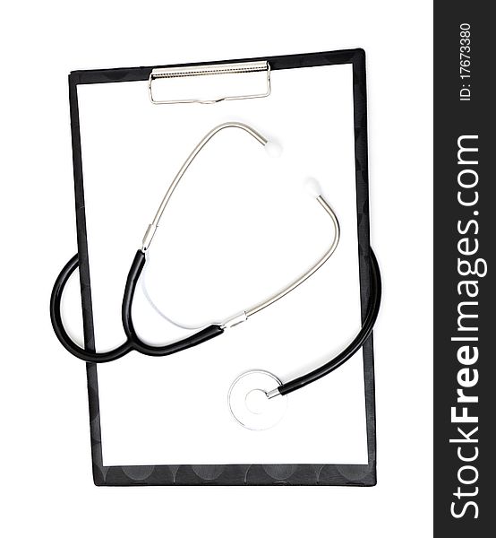 Medical clipboard with stethoscope and pen isolated on a white background