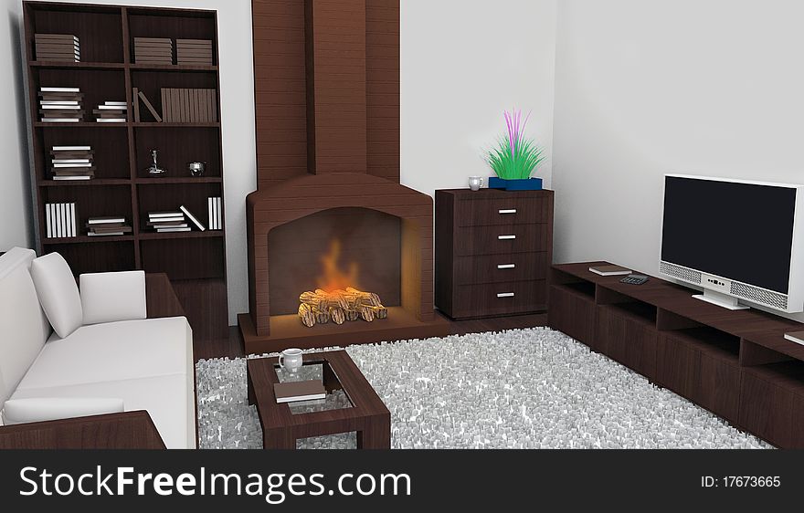 3d rendering of modern room with fireplace. 3d rendering of modern room with fireplace