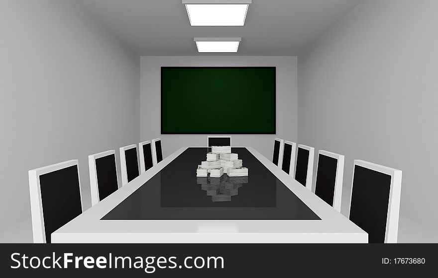 3d rendering of conference room with money on the table