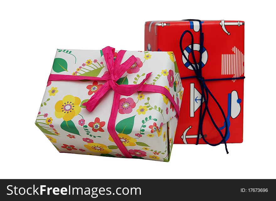 Multi-colored gift boxes on a white background