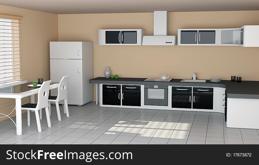 3d render of white modern kitchen interior