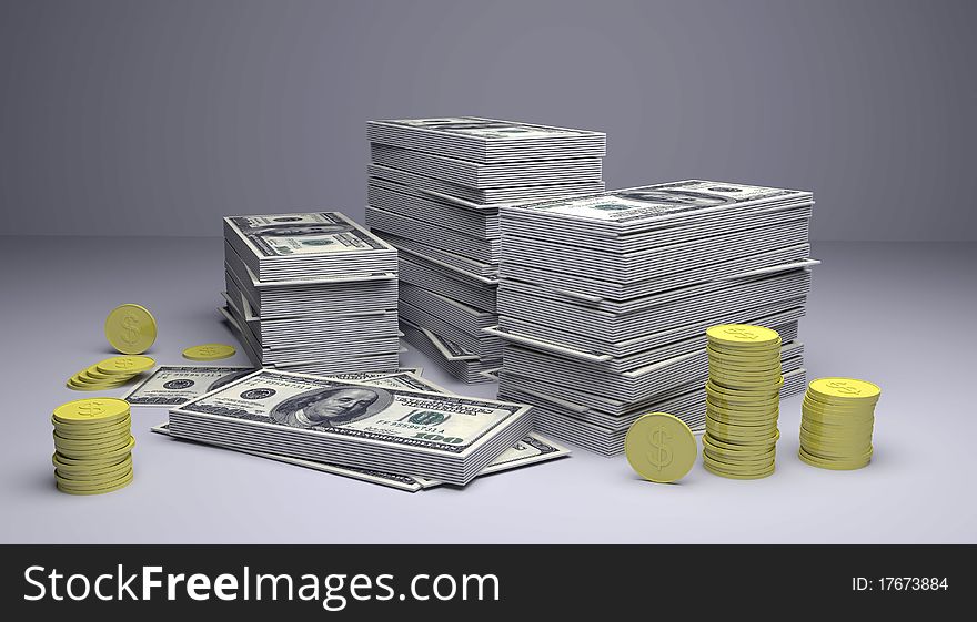 3d rendering of money and gold coins