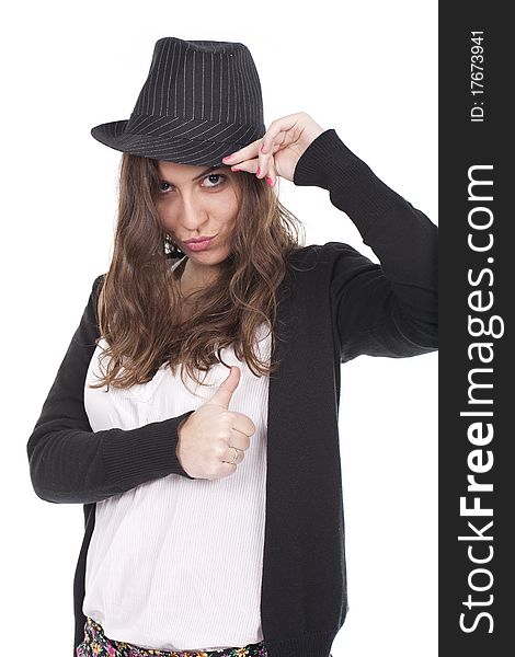 Beautiful modern woman in hat showing okay sign isolated on white background. Beautiful modern woman in hat showing okay sign isolated on white background