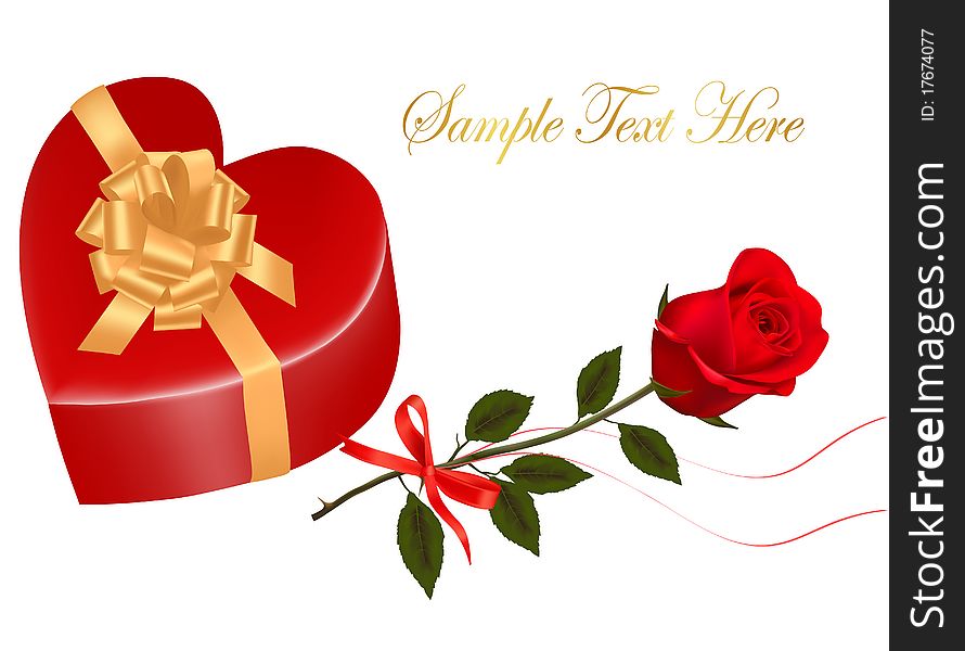 Valentine`s day card. Red rose and gift box with gold bow. Vector.