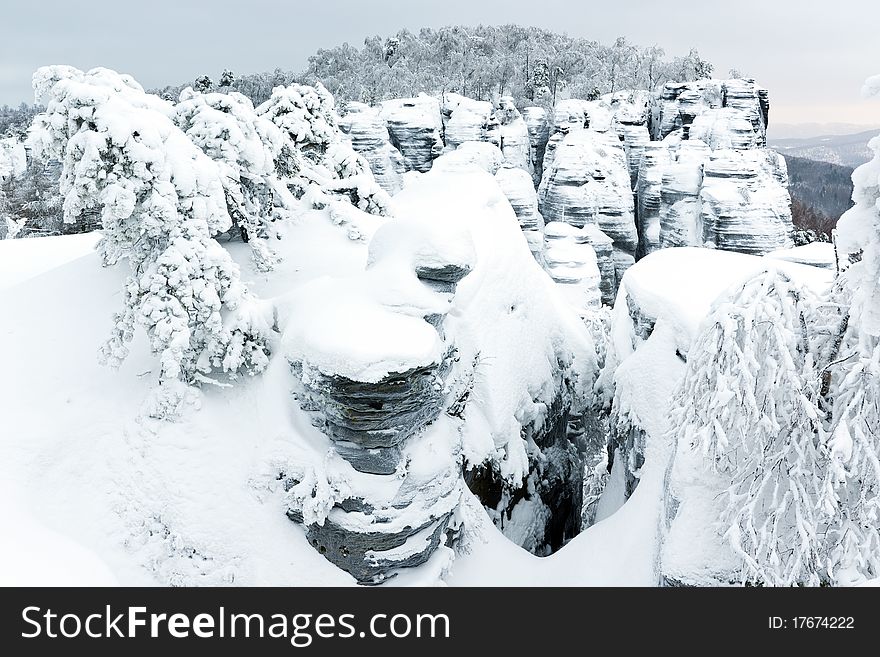 Snow covered landscape - Tiske steny rocks and trees. Snow covered landscape - Tiske steny rocks and trees