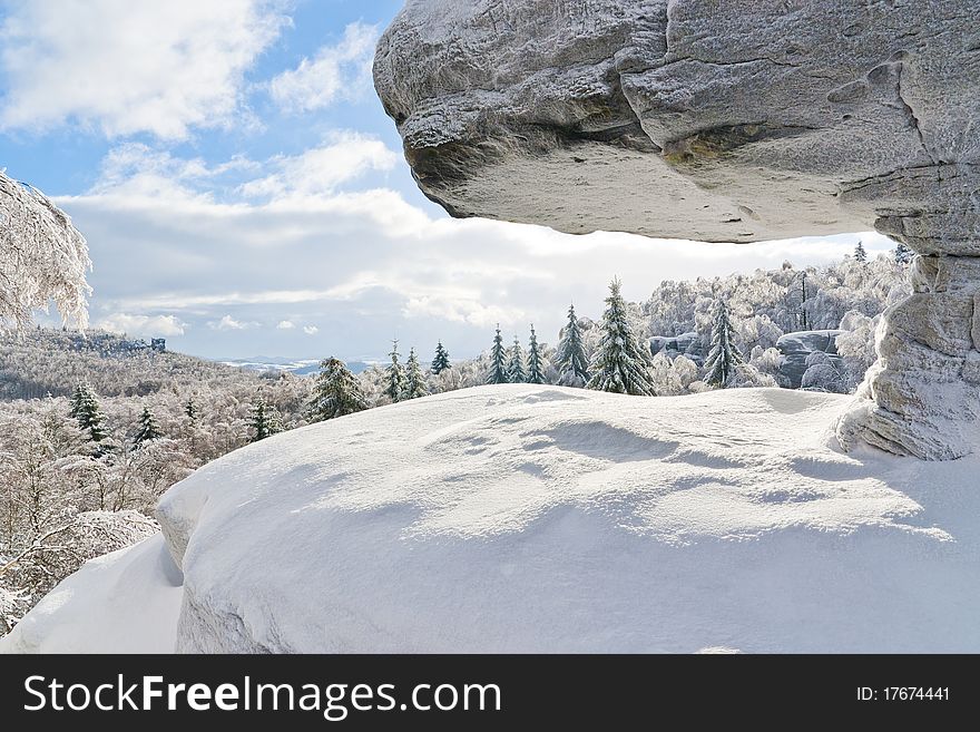 Snow covered landscape - Tiske steny rocks and trees. Snow covered landscape - Tiske steny rocks and trees