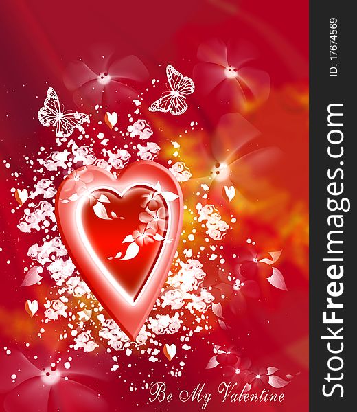 Valentine's greeting card, portrait format, with heart, flowers, butterflies, blured background, red and white predominant colors