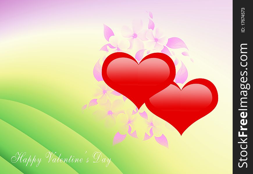 Valentine's greeting card with 2 red hearts on a background with soft blurred colors