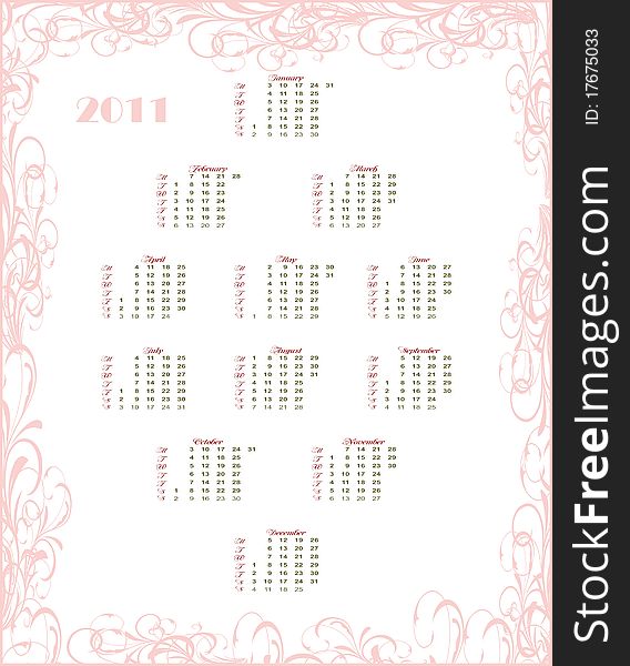 European floral calendar 2011, starting from Mondays - vector